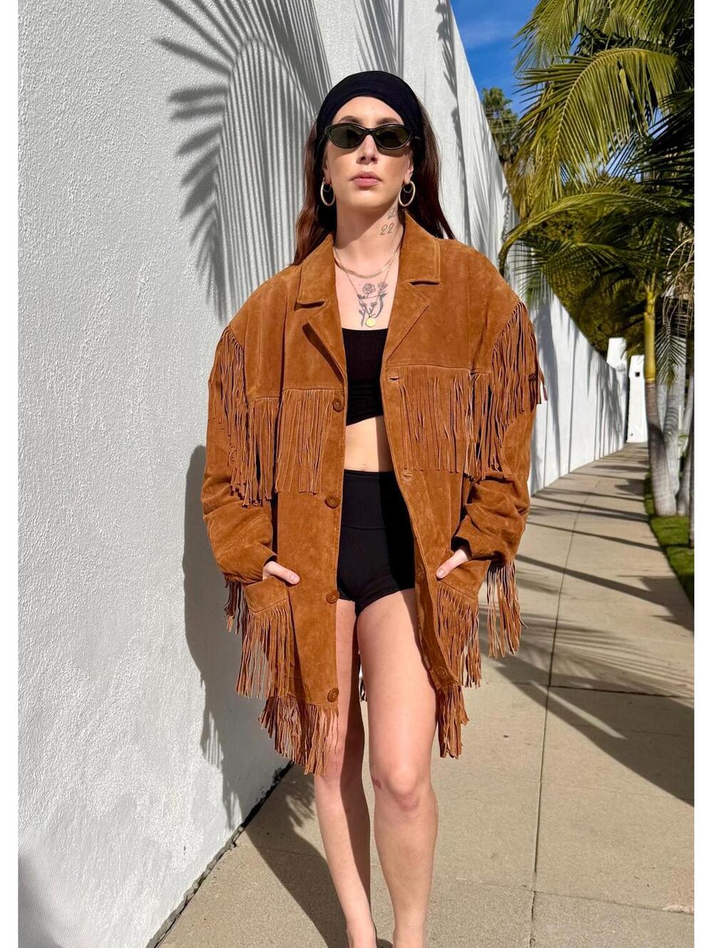 VTG Western Fringe Jacket Tan Brown Suede Leather Oversized Mens Jacket XXL
